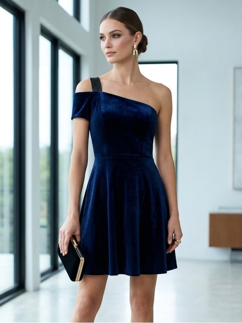 Sandro Navy Blue Velvet One Shoulder Mini Dress - XS / Small (1) NWOT